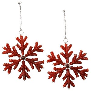Flocon de neige - lot de 2 - perles rouges sur armature en fer blanc