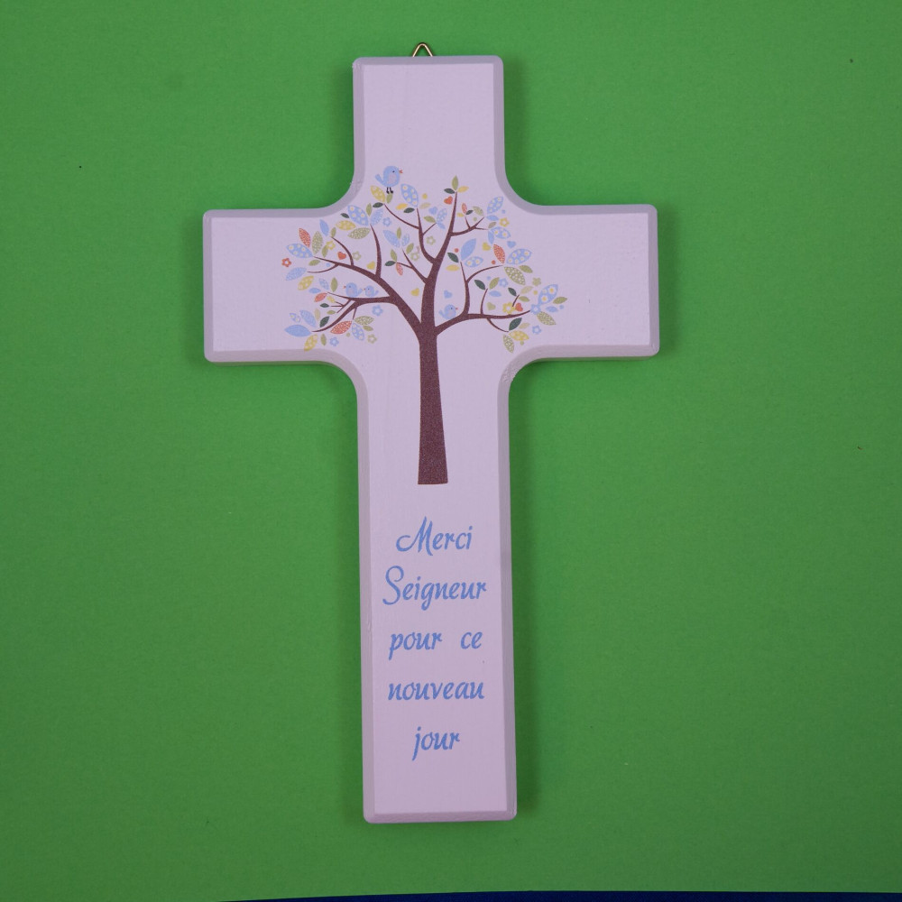 Croix murale - Bois peint - Merci Seigneur pour ce nouveau jour - 9.0x15.0 cm
