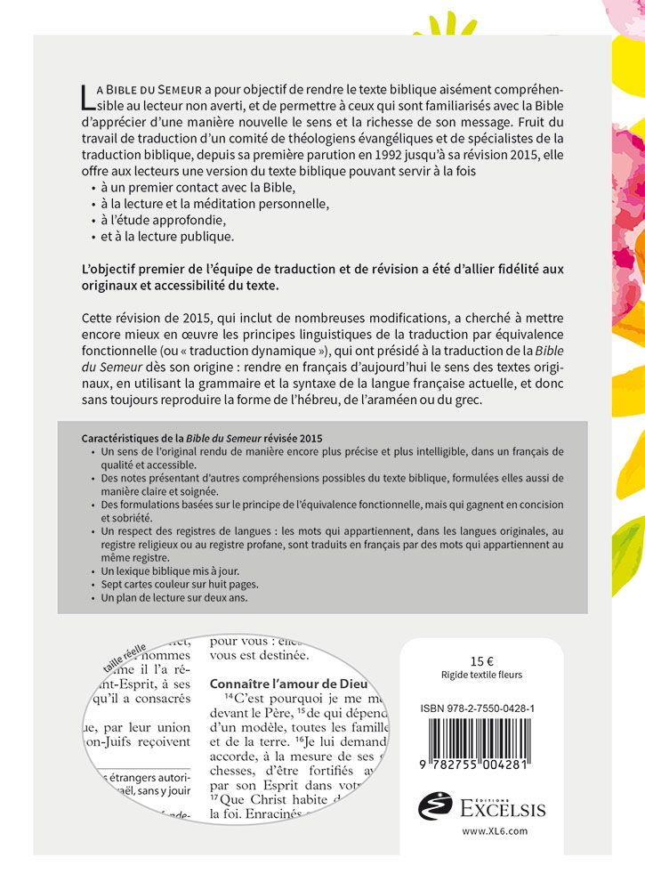 Bible Semeur 2015, couverture textile rigide, fleurs